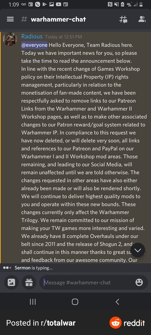 GW GOES AFTER TOTAL WAR MOD TEAM. .. From what I have seen on a Reddit thread, GW just wants the mod team to stop monetizing the mod. From what I have heard, this mod actually ties their updates wi