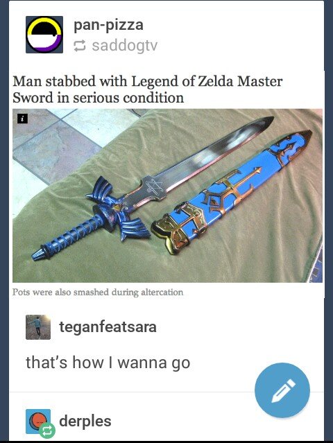 Master sword injuries. . Man stabbed with Legend of Zelda Master Sword in serious condition Pots were also smashed during altercation that' s how I wanna go Ill