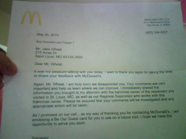 Mcdonalds Apology Letter 7361