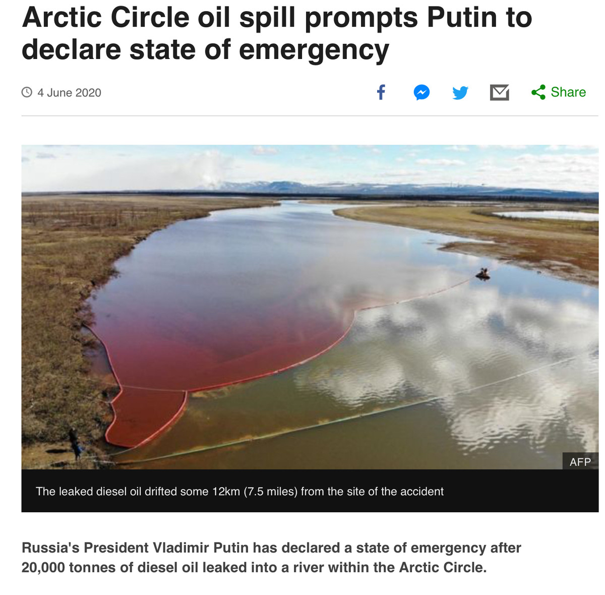 Norilsk oil spill. https://www.bbc.com/news/world-europe-52915807 https://www.theguardian.com/environment/2020/jun/03/vladimir-putin-orders-state-of-emergency-h Norilsk oil spill. https://www.bbc.com/news/world-europe-52915807 https://www.theguardian.com/environment/2020/jun/03/vladimir-putin-orders-state-of-emergency-h