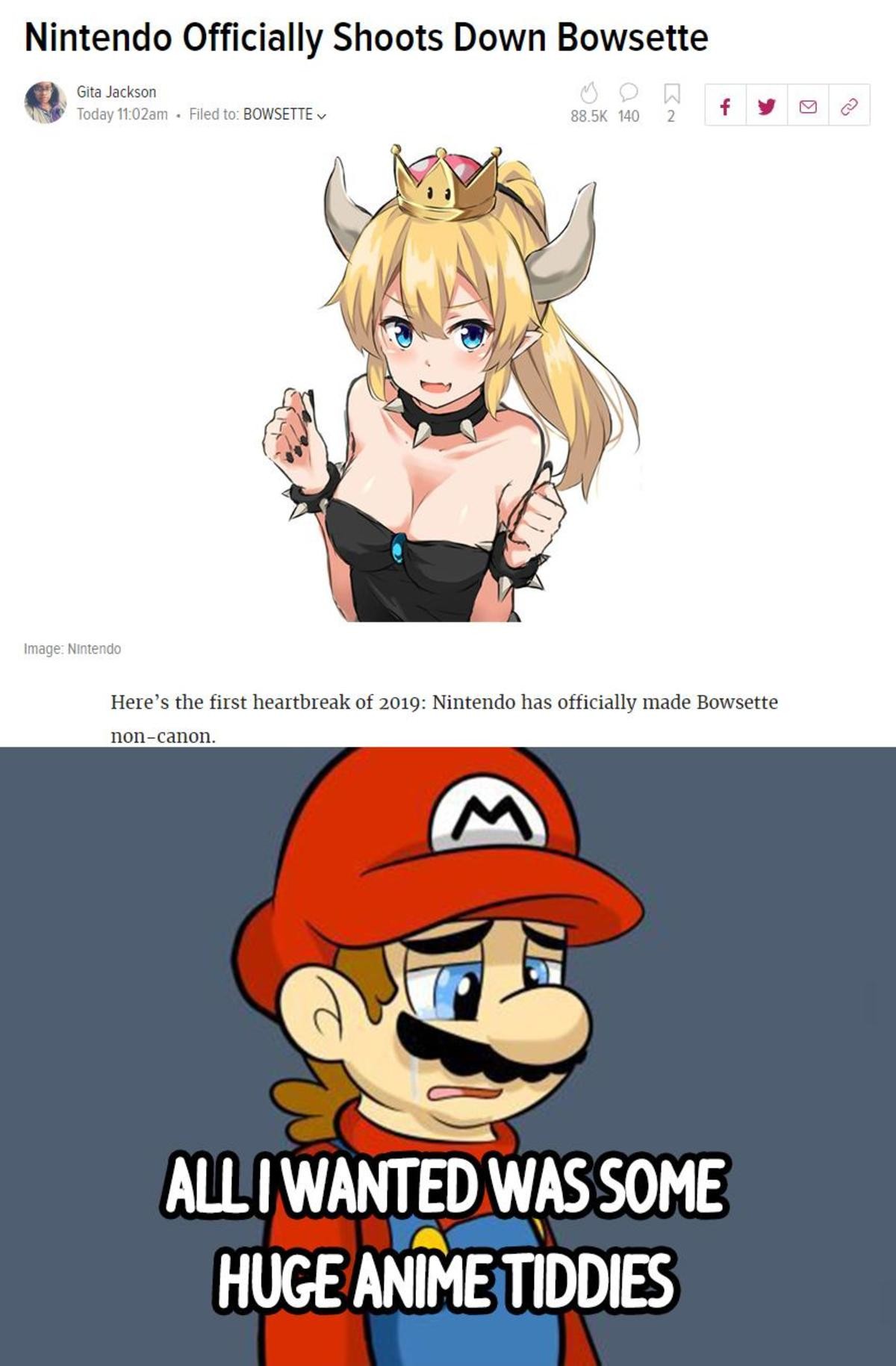 RIP Bowsette. join list: CuteMonsterWaifu (1345 subs)Mention History join list:. We were so close to have a canon version of her...