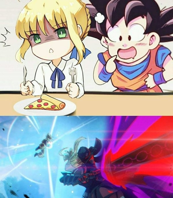 Saber v Goku: Dawn of the last pizza. .. God i love dragonball eating scenes. I used to make noodles and fry up random meat just to do it myself.