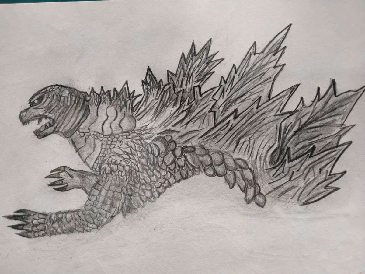 Tried to draw Godzilla. Tried to sketch my NECA KOTM Godzilla. Scales are hard haha.. Not bad
