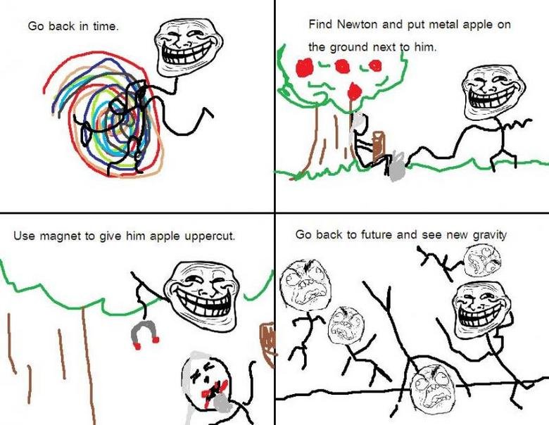 Troll Logics. lol u mad?. Find Newton and put metal apple can the ground next e him, Go back to future and aee new gravity. this could be expanded onto to make a rapture joke (all the memes floating up)