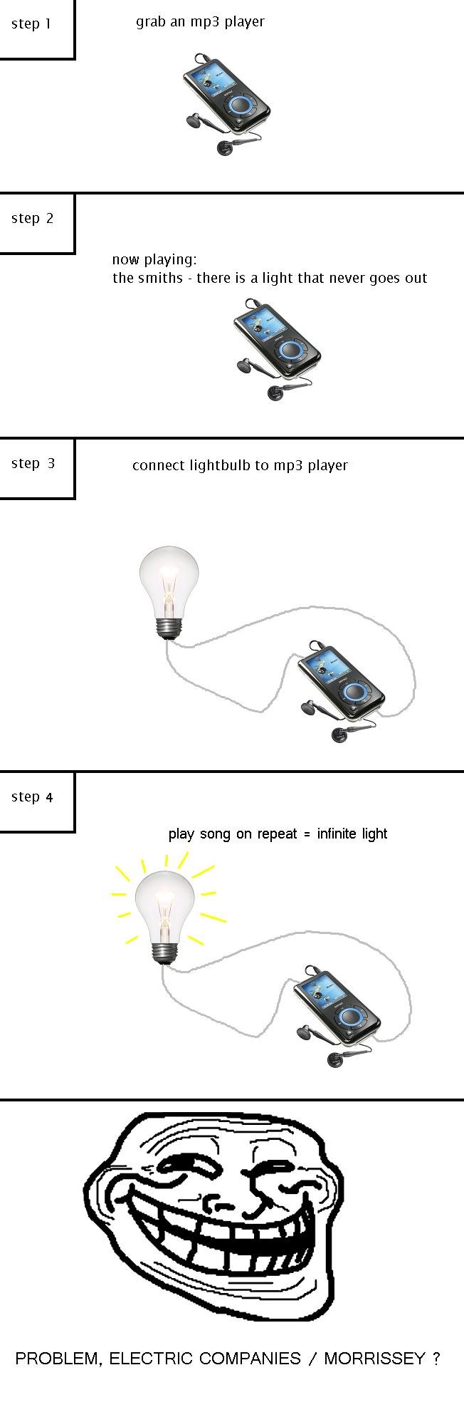 Troll Physics. U Mad FJ?. step 1 grab an mpa player step 2 new playing: the smiths - there is a light that never goes out step 3 connect lightbulb to mpa player