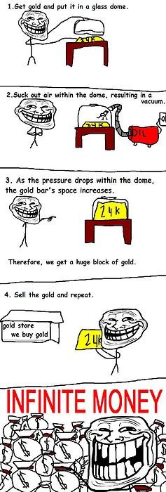 Troll Physics. Problem FJ?. 3. As the pressure drops the damn, the gold bar' s space. increases. Theramore, we st" lung: black j. in 5:" the geld and ". BUT, the gold still weighs the same . Gold is sold by weight. Go yerself.