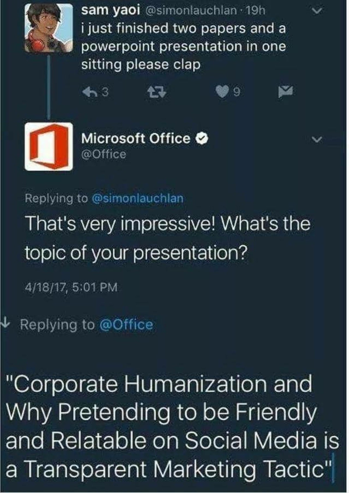 Tyslai Ittayta Zyenoriv. . f f Host finished two papers and a powerpoint presentation in one sitting please clap tii) Microsoft Office (ti) That' s very impress